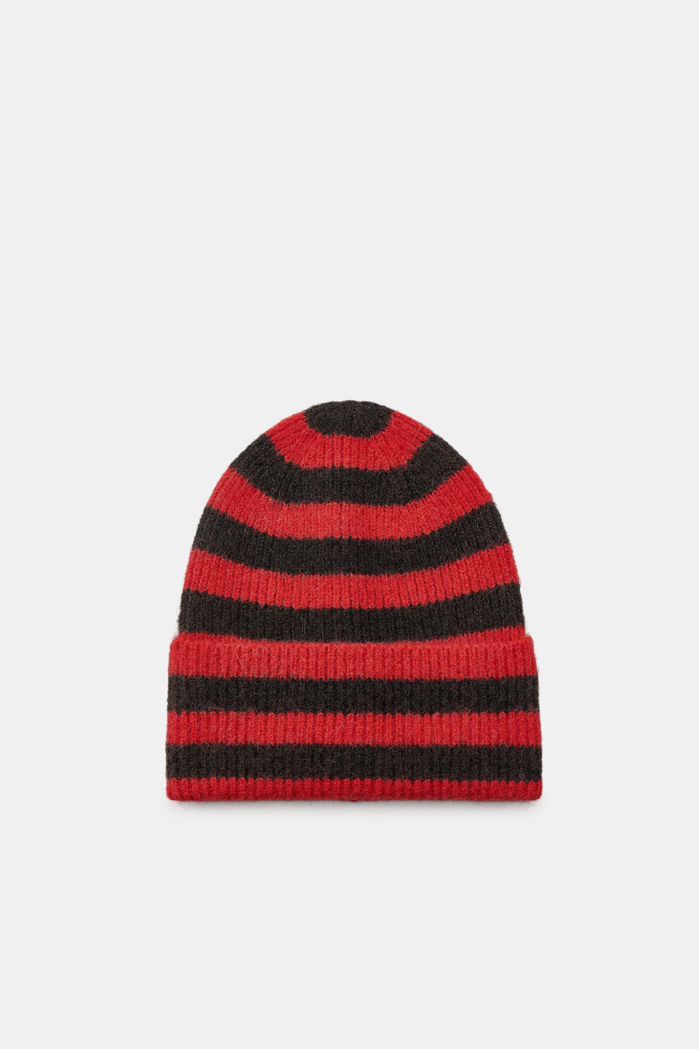 Женская шапка Zara Striped Cuffed Beanie, цвет: Красный — фото 4