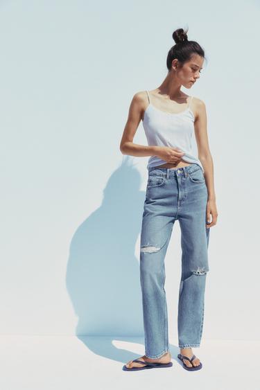 Zara TRF RIPPED HIGH-WAIST MOM FIT JEANS - Navy blue