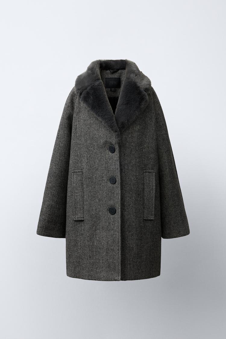 HERRINGBONE WOOL BLEND COAT WITH FAUX FUR COLLAR Black Ecru