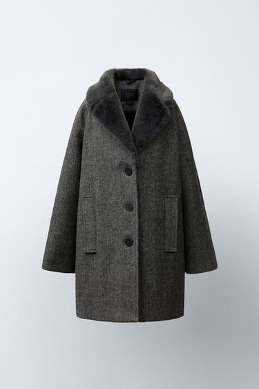 Zara HERRINGBONE COAT WITH FAUX FUR COLLAR - Black / Ecru