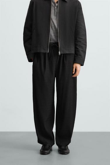 Zara PLEATED TEXTURED PANTS - Black