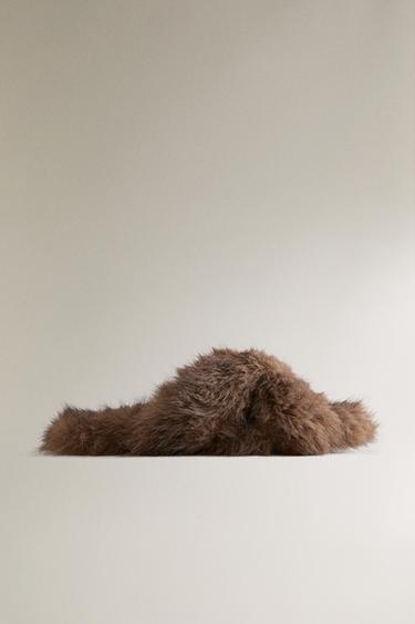 Zara FAUX FUR CROSSOVER SANDALS - Brown - Image 0