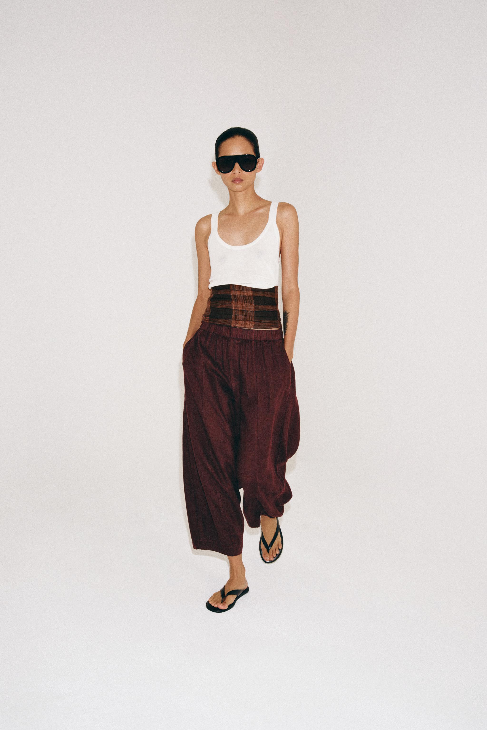 Zara %100 KETEN ZW COLLECTION BARREL PANTOLON görsel 7