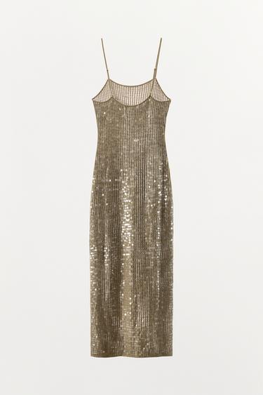 ROBE MI-LONGUE EN MAILLE À PAILLETTES - Doré de Zara - Image 4