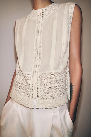 BLUSE MIT SPITZENVERZIERUNG ZW COLLECTION - Cremefarben von Zara