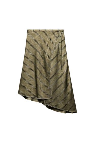 Olive green asymmetric skirt with black diagonal stripe pattern and side fastening.