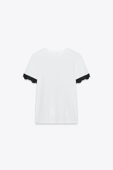 T-SHIRT DENTELLE MANCHES - Blanc / Noir de Zara - Image 4
