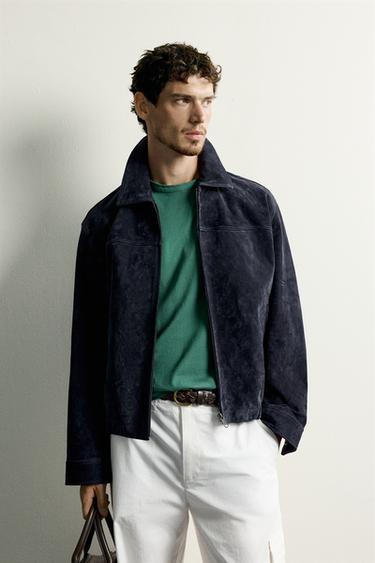 REGULAR FIT SUEDE LEATHER JACKET - Navy blue by Zara