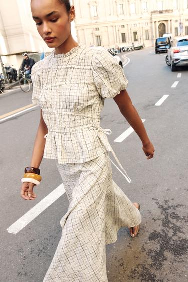 CHECK EMBROIDERED TOP WITH BOWS - Black / White by Zara - Image 1