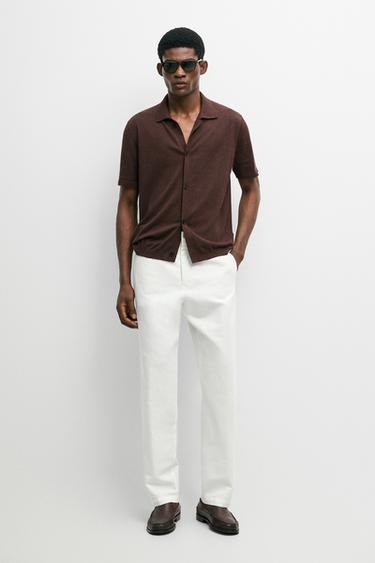 Zara Linen and cotton straight-leg pants - Oyster-white - Image 0