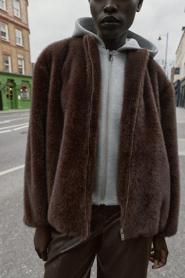 CONTRAST BOMBER JACKET WITH FAUX FUR HOODIE - Brown by Zara