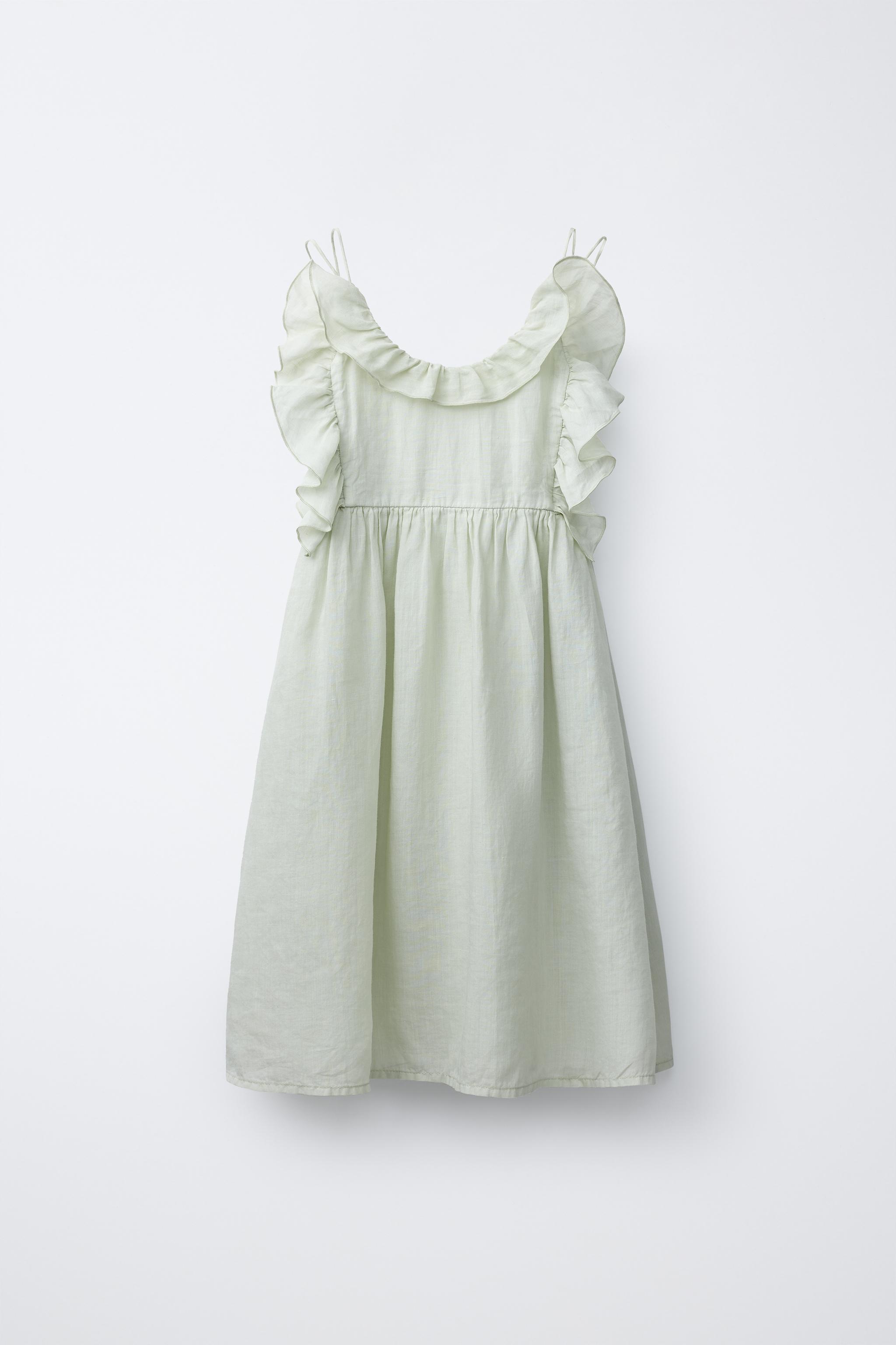 Zara - 100% Ramie Ruffled Dress - Pastel Green - 6-7 Years (48,0 Inches) - Kids