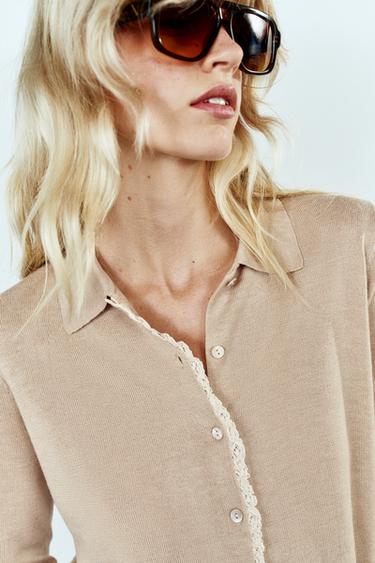 CARDIGAN WITH CONTRASTING LACE - Beige by Zara - Image 4