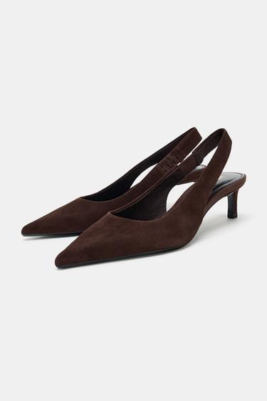 CHAUSSURES BRIDES ARRIÈRE EN DAIM À TALONS KITTEN HEEL - Marron chocolat de Zara - Image 4