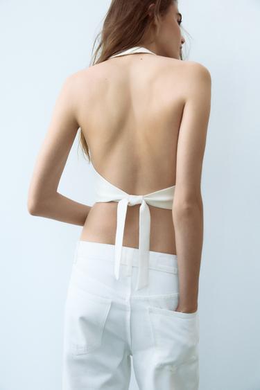 Zara Halter V-neck top made of linen and 48% viscose. Adjustable open back with self-tie. Hidden in seam front metal hook closure. - Cream