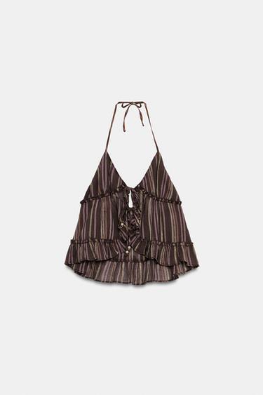 METALLIC THREAD STRIPED TOP - Brown by Zara - Image 7