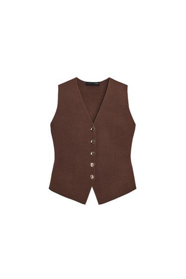 Front view of a brown waistcoat with a V-neck and a six-button front fastening.
