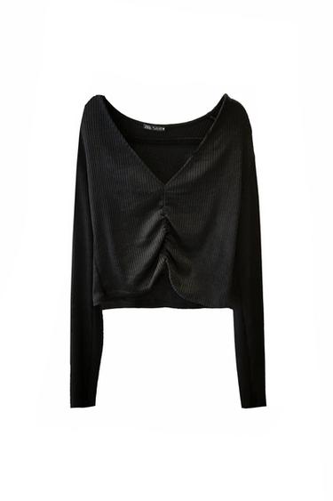 RUCHED LONG SLEEVE CROP TOP