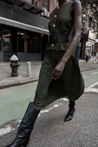 VESTIDO MIDI COMBINADO CINTURÓN - Khaki de Zara