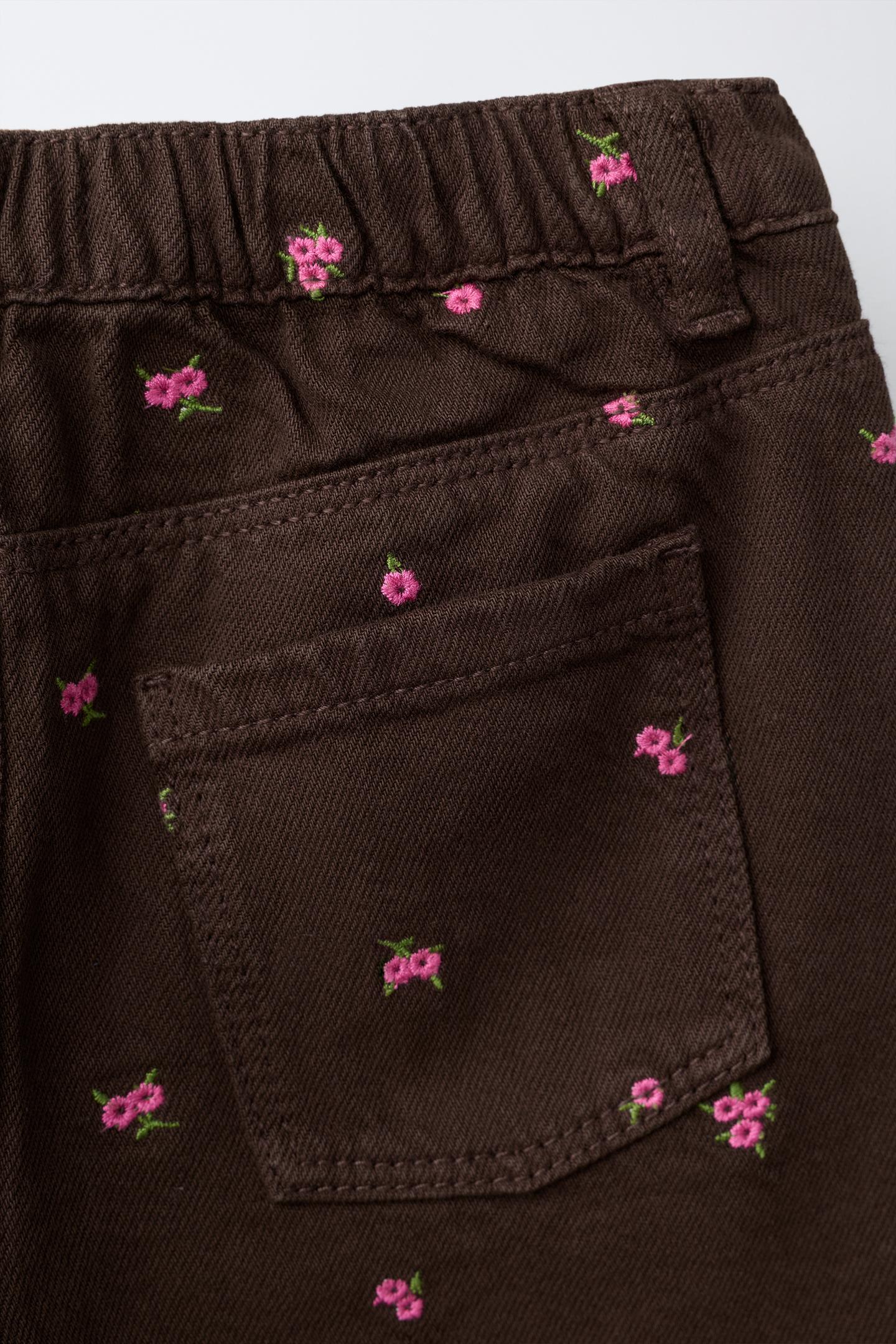 Детские брюки Zara Embroidered Floral Twill Culottes, цвет: Коричневый — фото 5