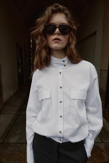 CAMISA DE POPELÍN GLOBO - Blanc de Zara
