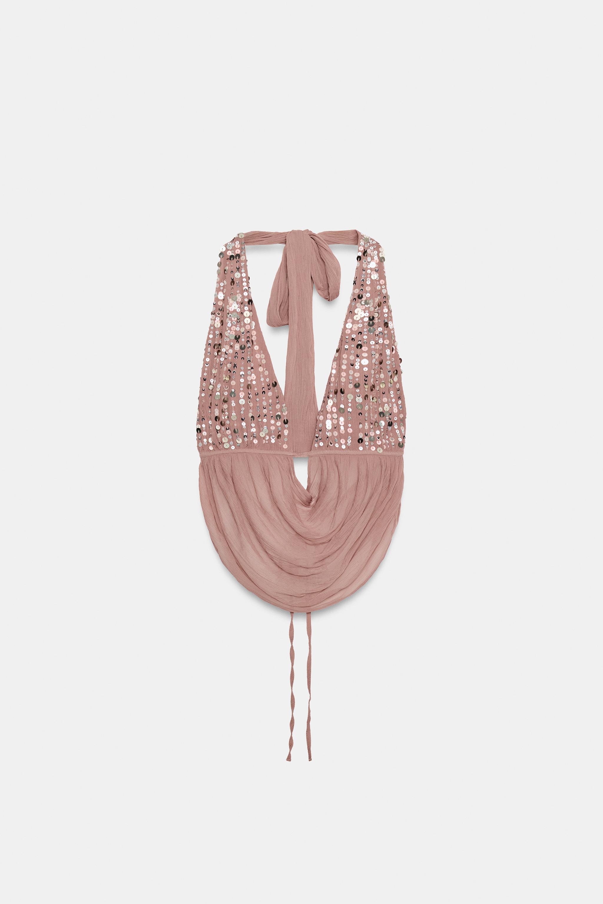 SEQUIN HALTER TOP - Pale pink | ZARA United States