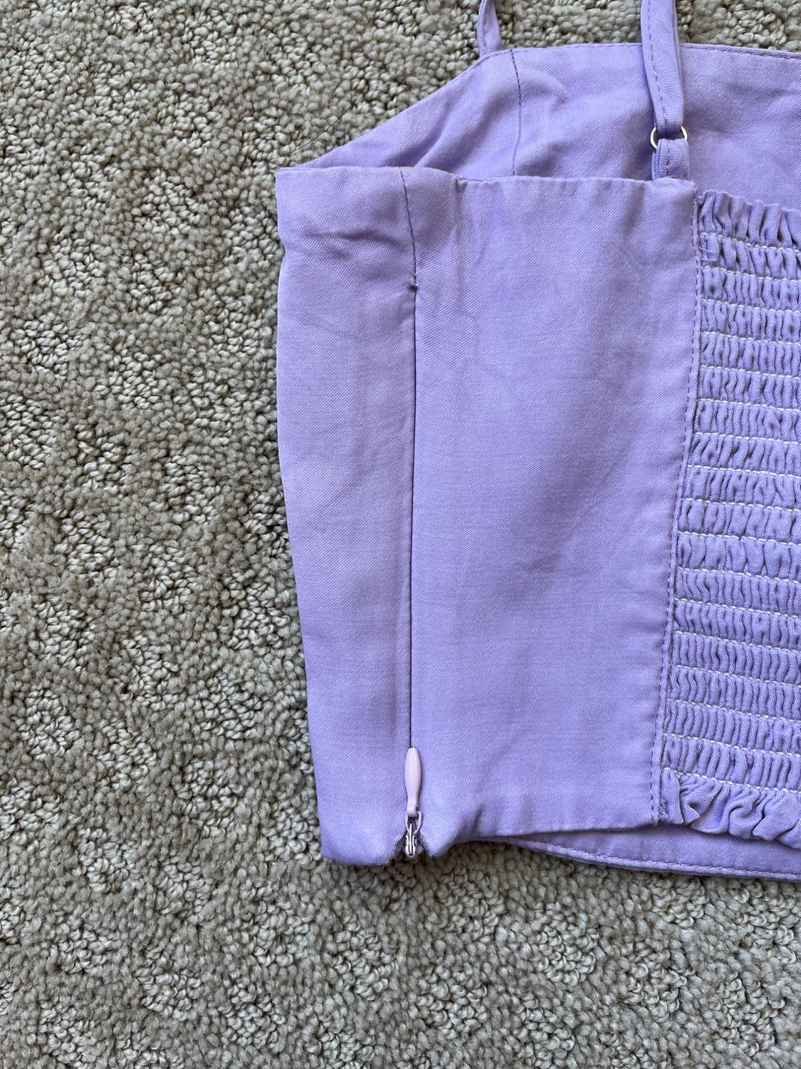 TRF SATIN CROP TOP PURPLE SMOCKED BACK ZIP SIDE ADJUSTABLE STRAPS SIZE XS - Image 3