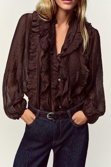 BLUSA VOLANTES - Marrón de Zara