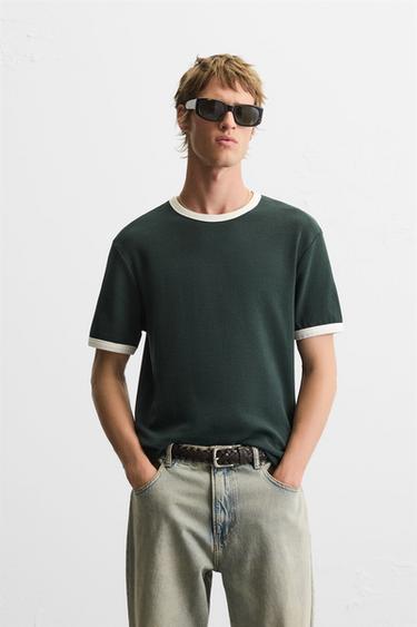 T-SHIRT CÔTELÉ CONTRASTE BASIQUE - Vert foncé de Zara - Image 1