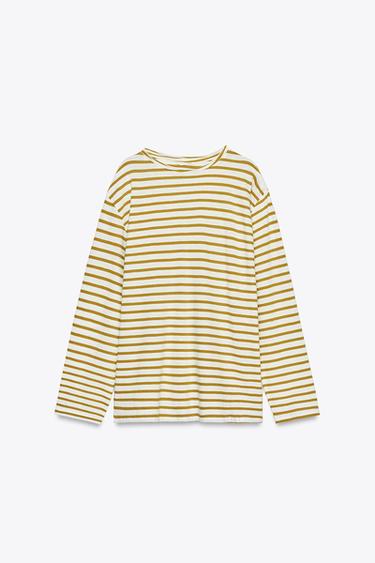 SLUB STRIPED COTTON T-SHIRT - Green stripe by Zara