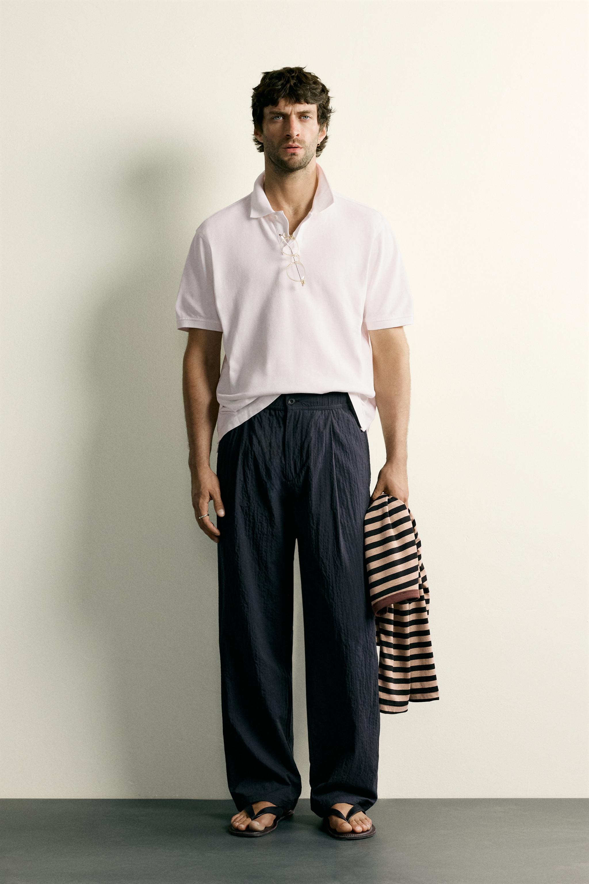 STRAIGHT FIT SEERSUCKER PANTS - Navy blue | ZARA United States