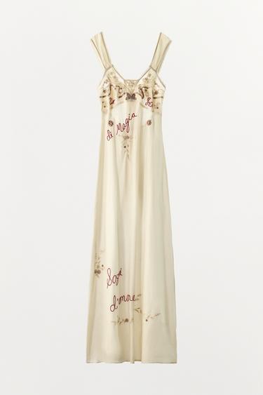 EMBROIDERED FLORAL AND TEXT DRESS WITH BEADS - Ecru by Zara