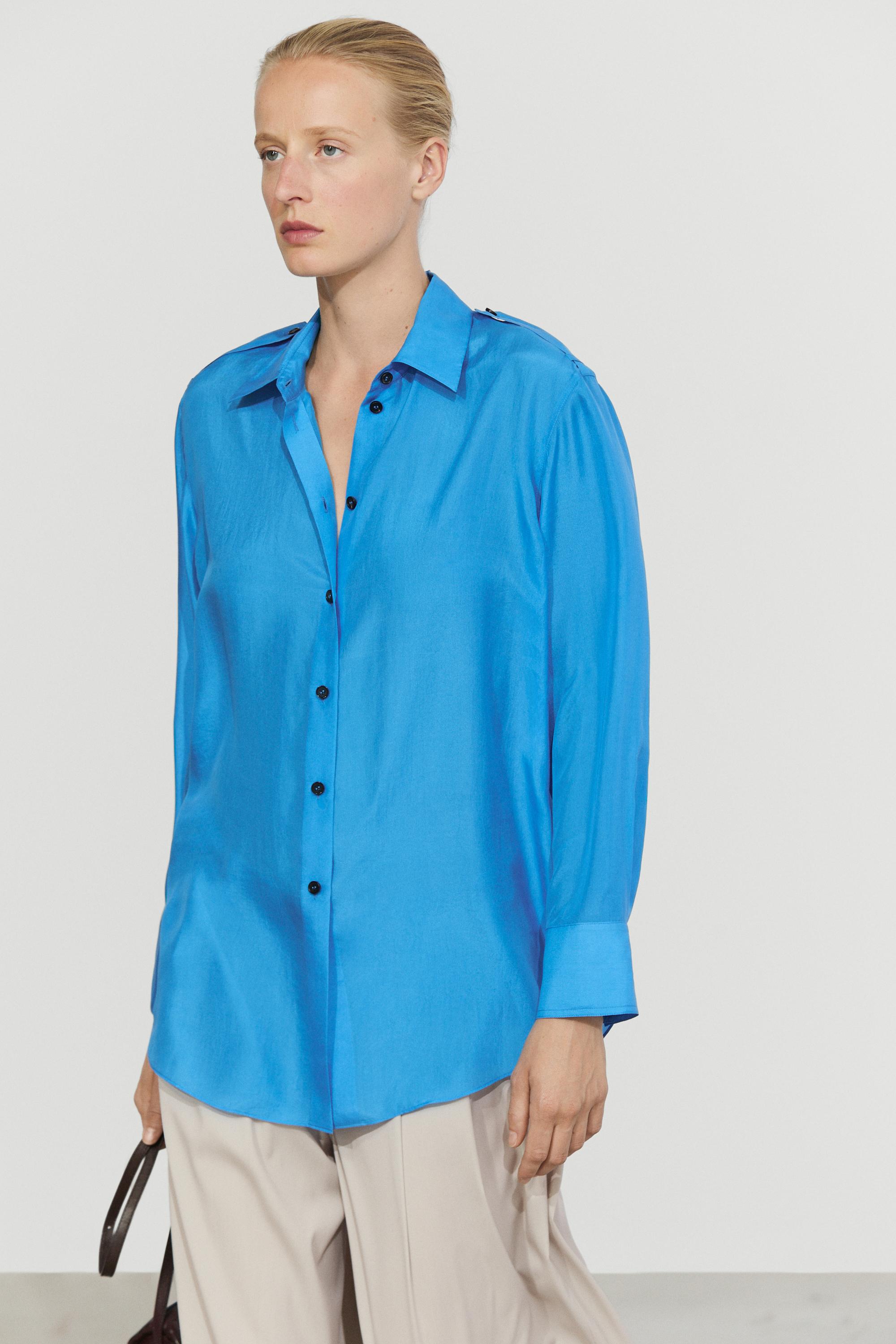 Flowing 100% silk shirt with shoulder detail — Bluish