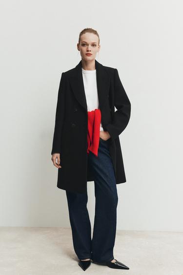 Zara WOOL BLEND DOUBLE-BREASTED COAT - Black