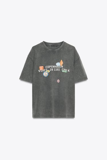 WASHED-EFFECT T-SHIRT WITH PRINTED PATCHES - Anthracite grey by Zara - Image 4