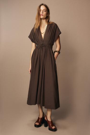 Zara ZW COLLECTION PLEATED MIDI DRESS - Brown