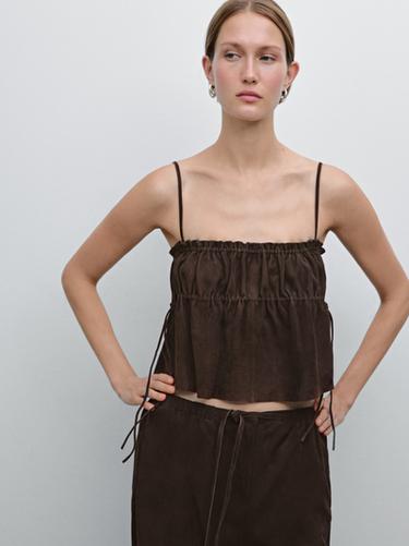 Zara Gathered suede leather top with straps - Brown