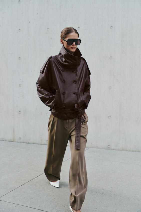 100% LEATHER BELTED JACKET - Dark aubergine by Zara - Image 0