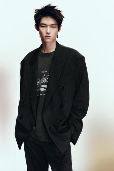 Zara 格紋雙排扣西裝外套 - 條紋