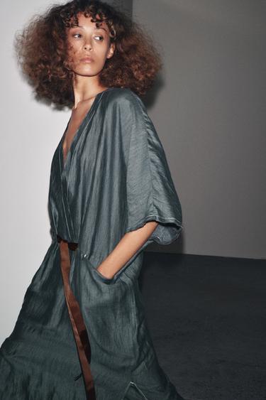 LINEN BLEND DRESS WITH CONTRAST TIE - Green / Blue by Zara