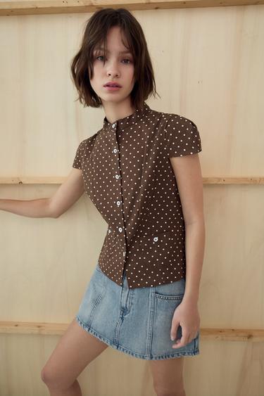 TOP POPELÍN LUNARES - marron/blanco de Zara