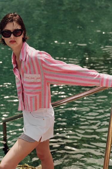 CHEMISE COURTE À RAYURES ET DENTELLE - Roses de Zara - Image 1