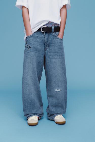 Zara 星星印花桶狀牛仔褲 - 中藍色