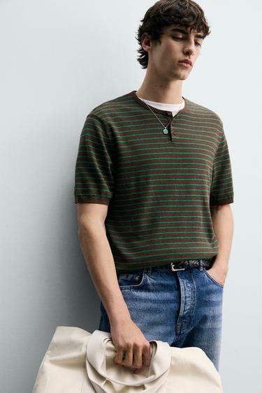 T-SHIRT EN MAILLE COL BOUTONNÉ COTON-LIN - Marron de Zara - Image 4