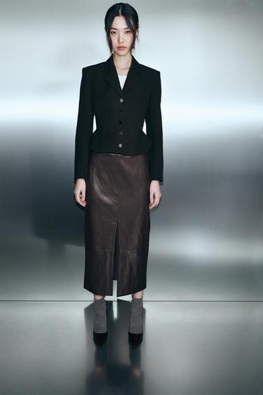 Zara 人造皮革中長裙 - 棕色