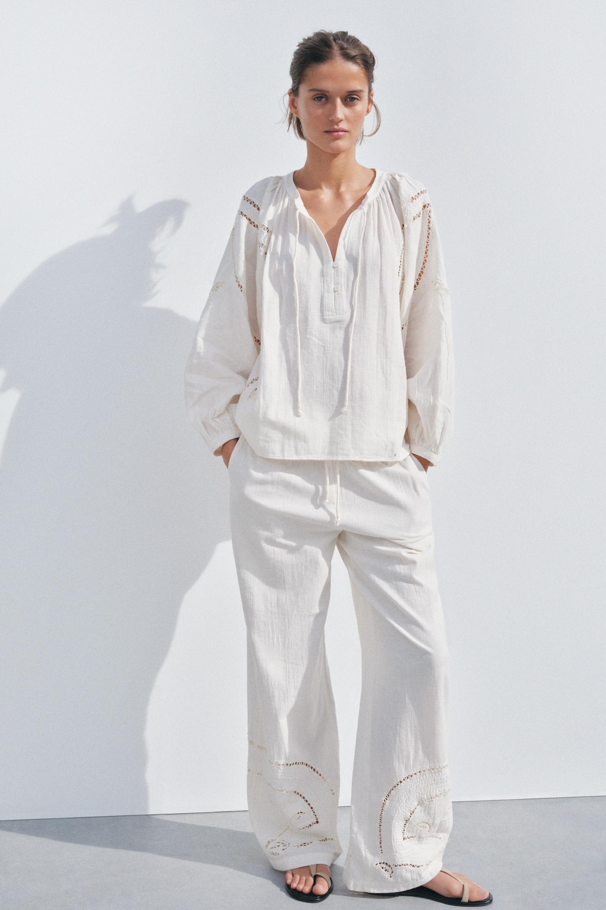 ZW COLLECTION EMBROIDERED PAJAMA PANTS - Ecru | ZARA United