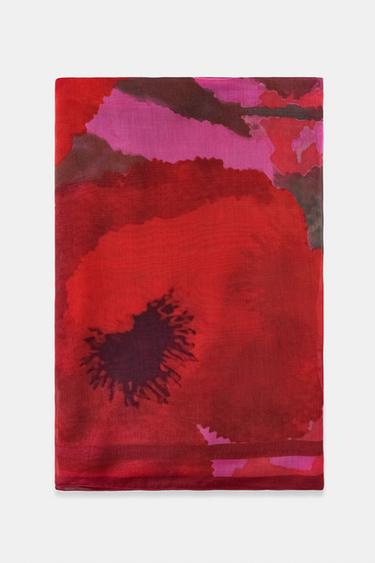 FLORAL MODAL SILK SCARF - Red by Zara