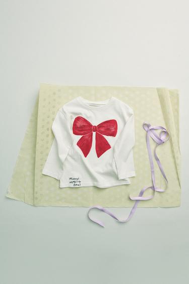 WATERCOLOUR PRINT T-SHIRT WITH BOW - Red by Zara