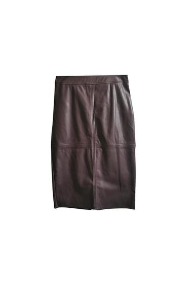Front view of a dark brown skirt with visible seams.