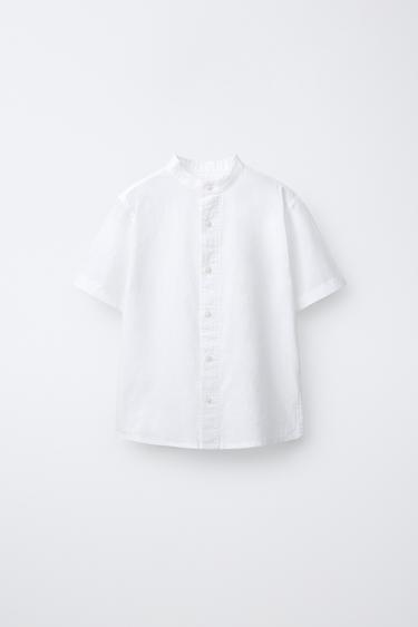 Zara COTTON AND LINEN MANDARIN COLLAR SHIRT - White